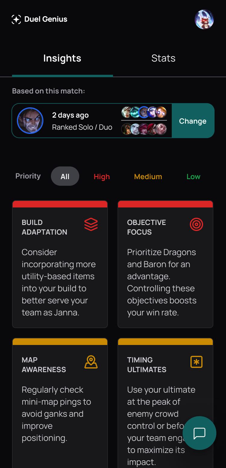 Mobile insights view optimized for between-match use
